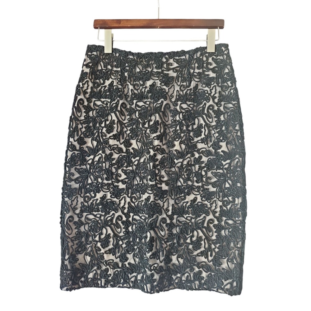 DAVID MEISTER Black Embroidered Lace Illusion‎ Pencil Knee Length Skirt 10 JT01